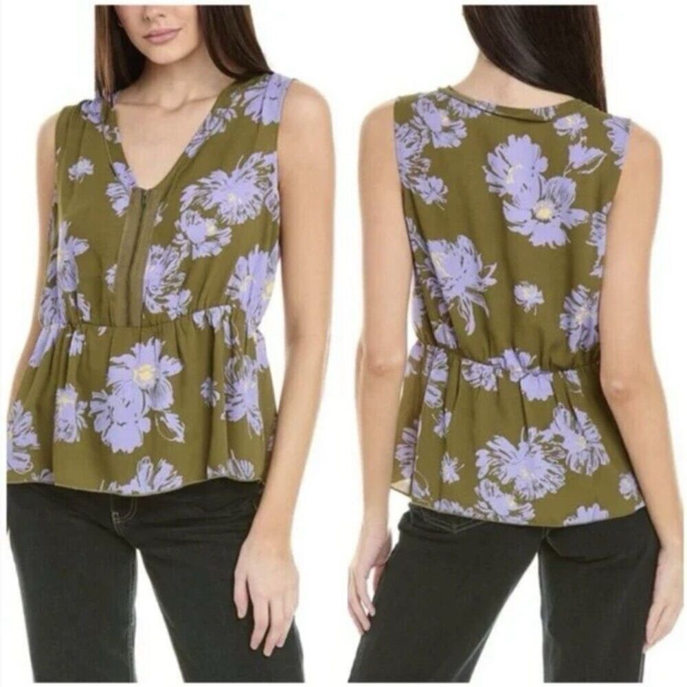 CAbi Celebrity Top Style 4184 Olive Green Lavender Floral Peplum Blouse Size S